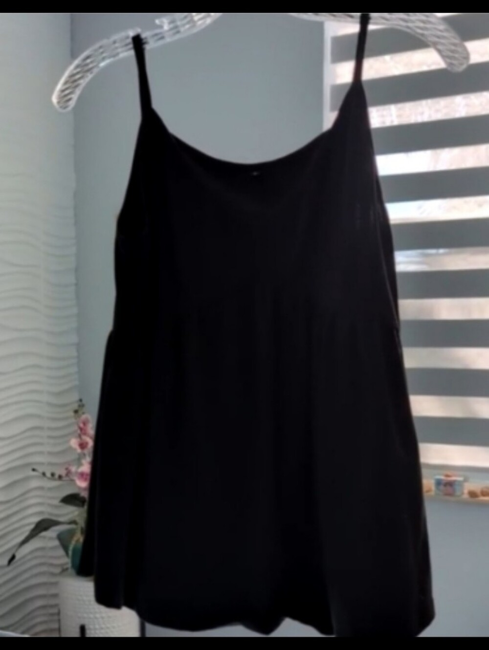 Black knit tank thin spaghetti straps. Flared empire waist silhouett Festival